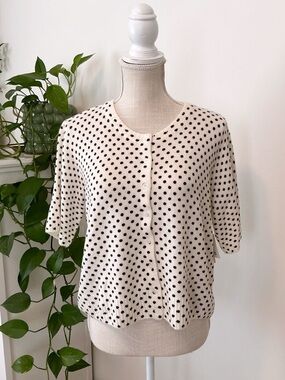 CeCe | Cream Polka Dot Button-Front Short Sleeve Sweater size L NWT